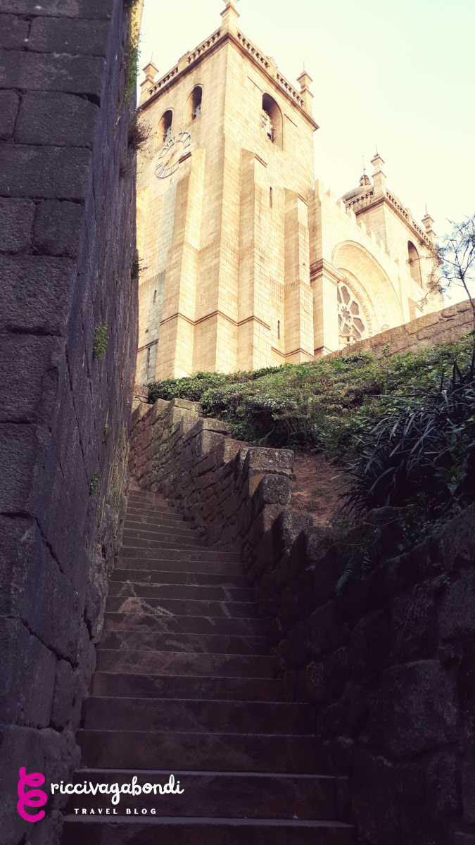 View of the stairs and the Sé (Cathedral) of Porto, Portugal