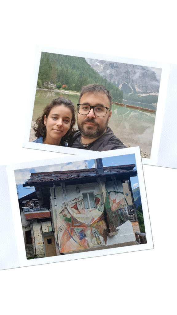 Top: View of Mr and Mrs riccivagabondi at Lake Braies in the Dolomites, Italy. Bottom: view of murals in Cibiana di Cadore, Italy