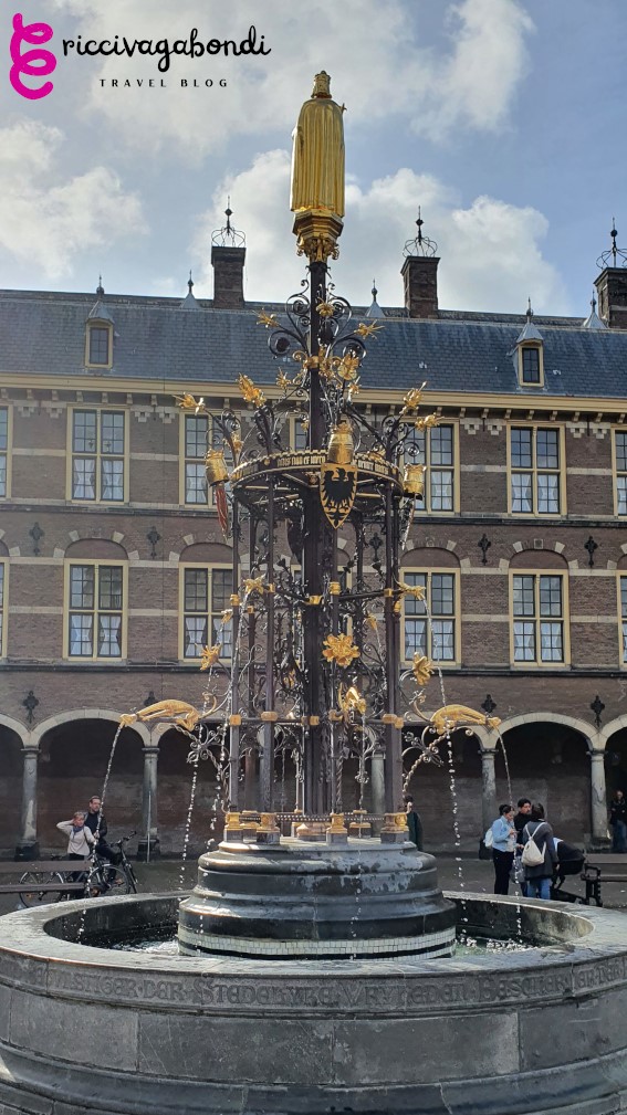 Golden fountain in the Binnenhof in The Hague, Netherlands