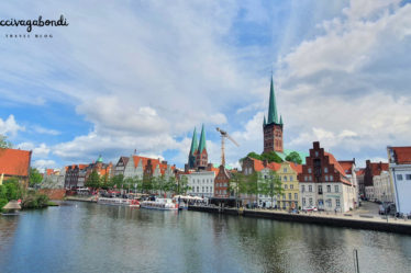 View of the Hanseatic city of Lübeck and the Trave river