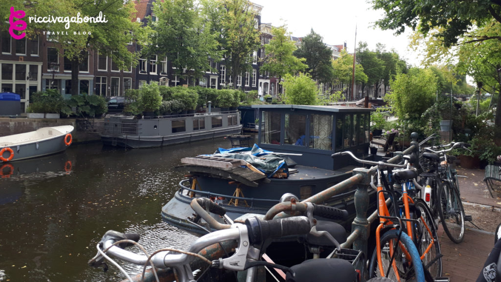 View of bikes and boats in Amsterdam
