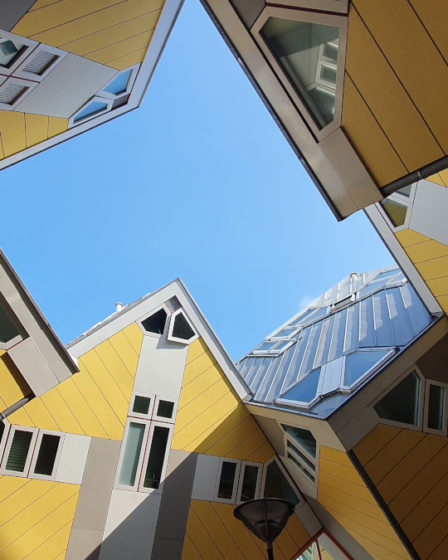 View of yellow cubic houses in Rotterdam from below