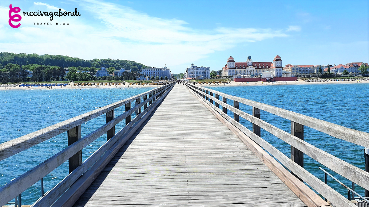 View of the Binz pier on Rügen island surrounded by water on a sunny day