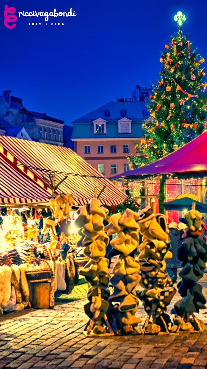 Christmas market stands and decorations