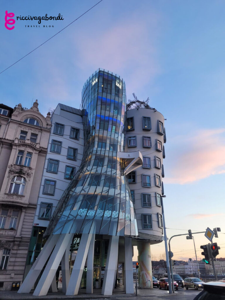 View of Prague's dancing house at sunset